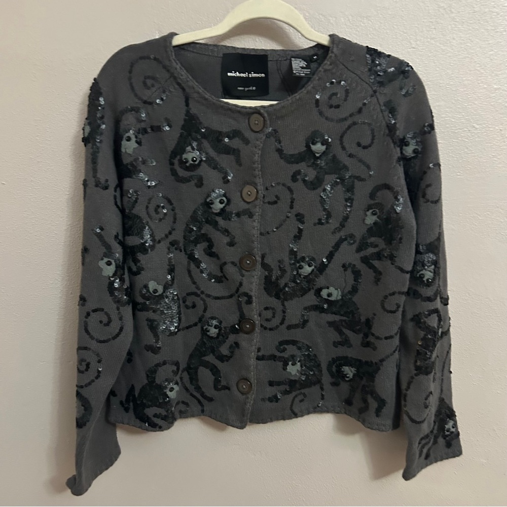 Michael Simon VTG Gray Sequin Monkey Crewneck Cardigan Sweater